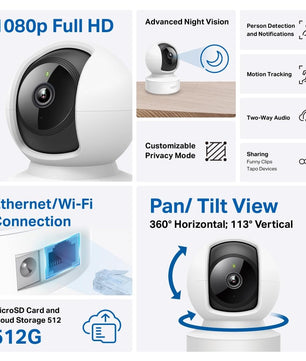 Caméra Tapo C200 1080P avec vision nocturne, détection de mouvement, audio bidirectionnel et connectivité WiFi/Ethernet jusqu'à 512 Go.