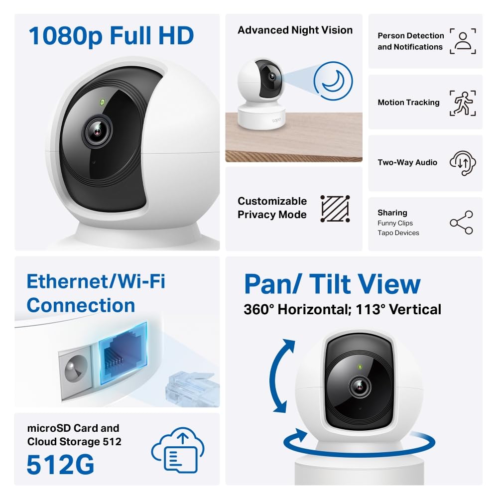 Caméra Tapo C200 1080P avec vision nocturne, détection de mouvement, audio bidirectionnel et connectivité WiFi/Ethernet jusqu'à 512 Go.