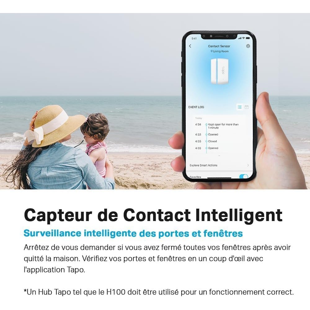 Tapo Détecteur de mouvement intelligent Tapo T110, pour la sécurité des fenêtres/portes, durée de vie de la batterie de 1 an et plus, notification d'application instantanée, Tapo Hub requis