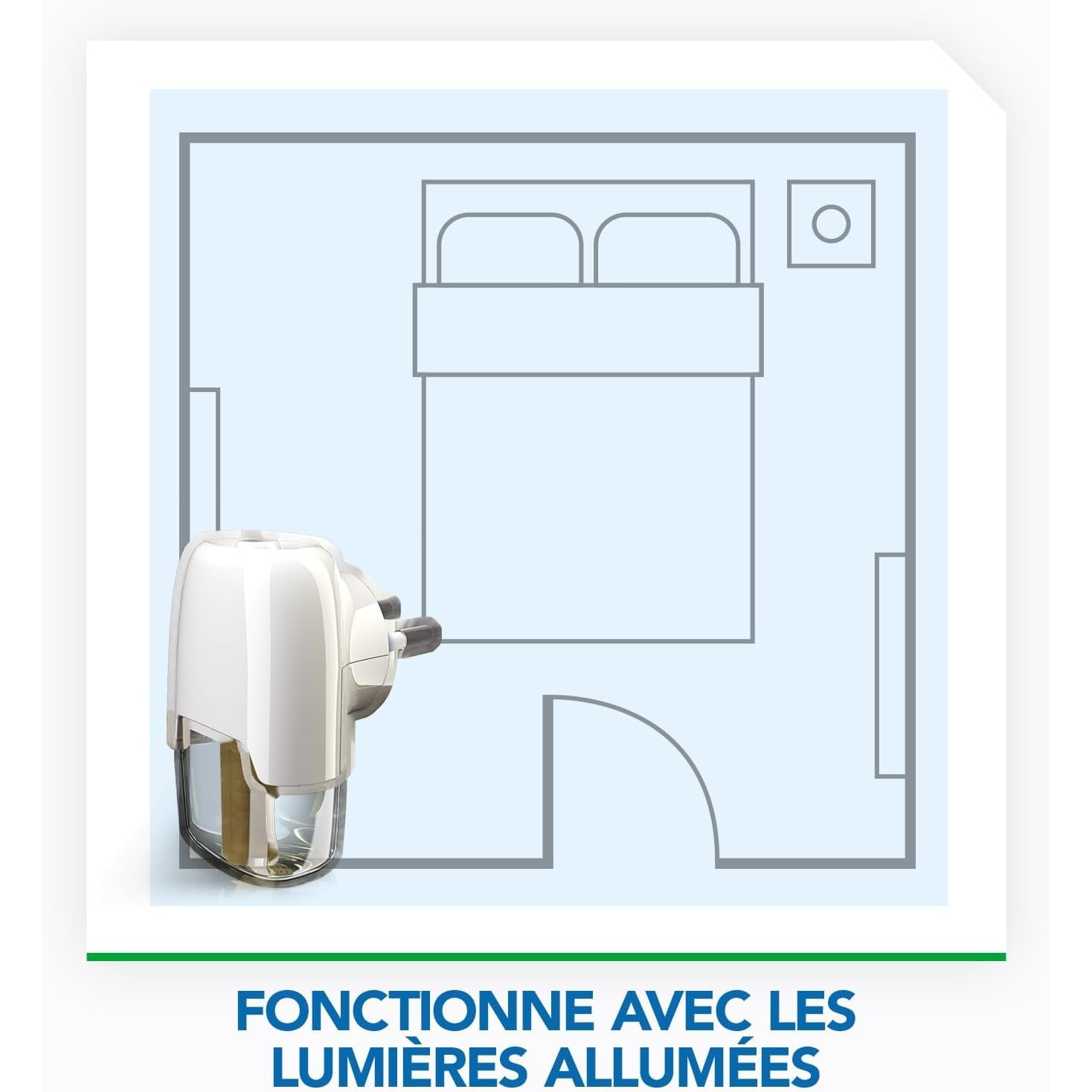 Schéma d’une chambre avec diffuseur Raid Max actif, fonctionne même avec les lumières allumées pour une protection constante.