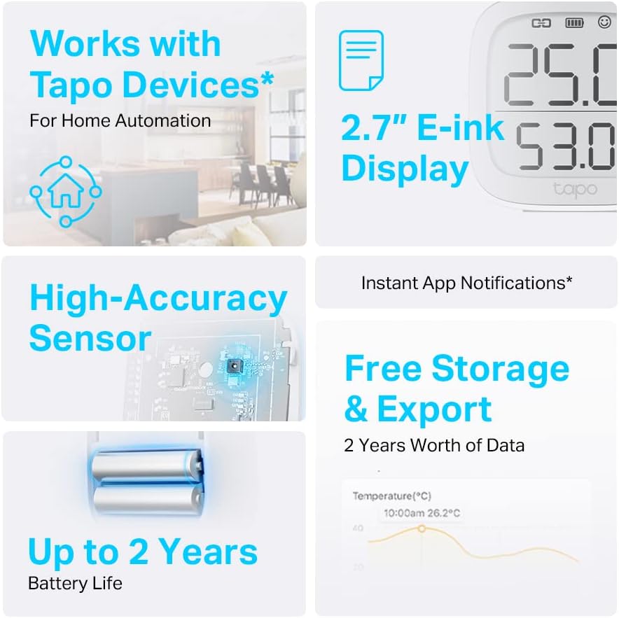 Tapo T315 Thermomètre de pièce intelligent, hygromètre, thermomètre d'intérieur ambiant, capteur d'humidité, moniteur de température ambiante, affichage E-ink de 2,7", notifications en temps réel