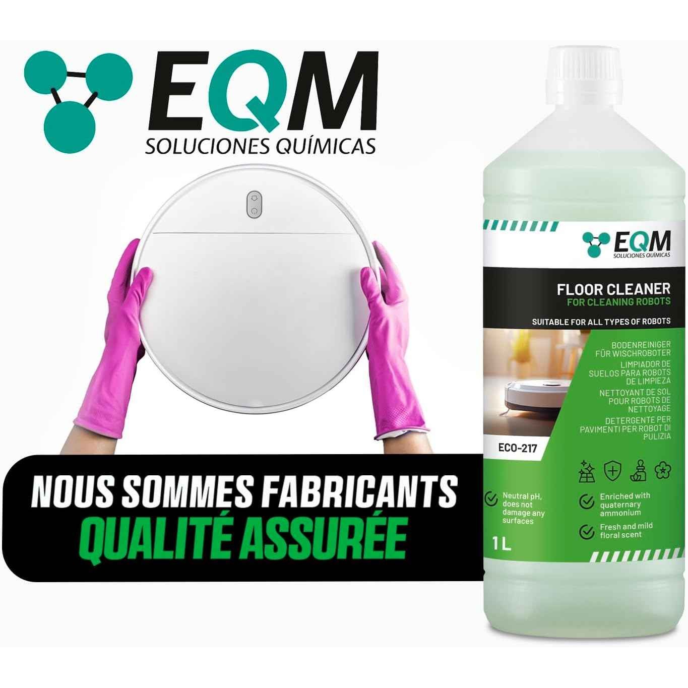 EQM - ECO-217 - Nettoyant de Sol pour Robots laveurs - 1L - Nettoyant concentré convenant à tous les types de robots - Ne nuit pas aux matériaux grâce à son pH neutre - Arôme floral - Cpourtoi.Net