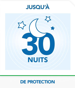 Visuel promotionnel Raid Max indiquant une protection continue jusqu’à 30 nuits pour un sommeil paisible sans piqûres.
