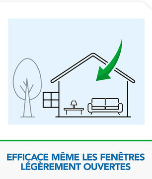Illustration démontrant l'efficacité du Raid Max Diffuseur Anti-Moustiques même avec fenêtres légèrement ouvertes dans la maison.