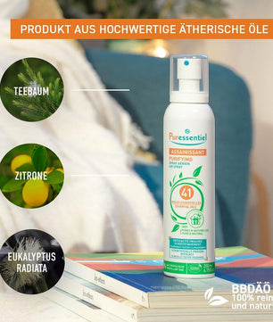 Spray Puressentiel mis en avant avec ses ingrédients clés : arbre à thé, citron et eucalyptus. Produit 100% pur et naturel pour purifier l'air ambiant.