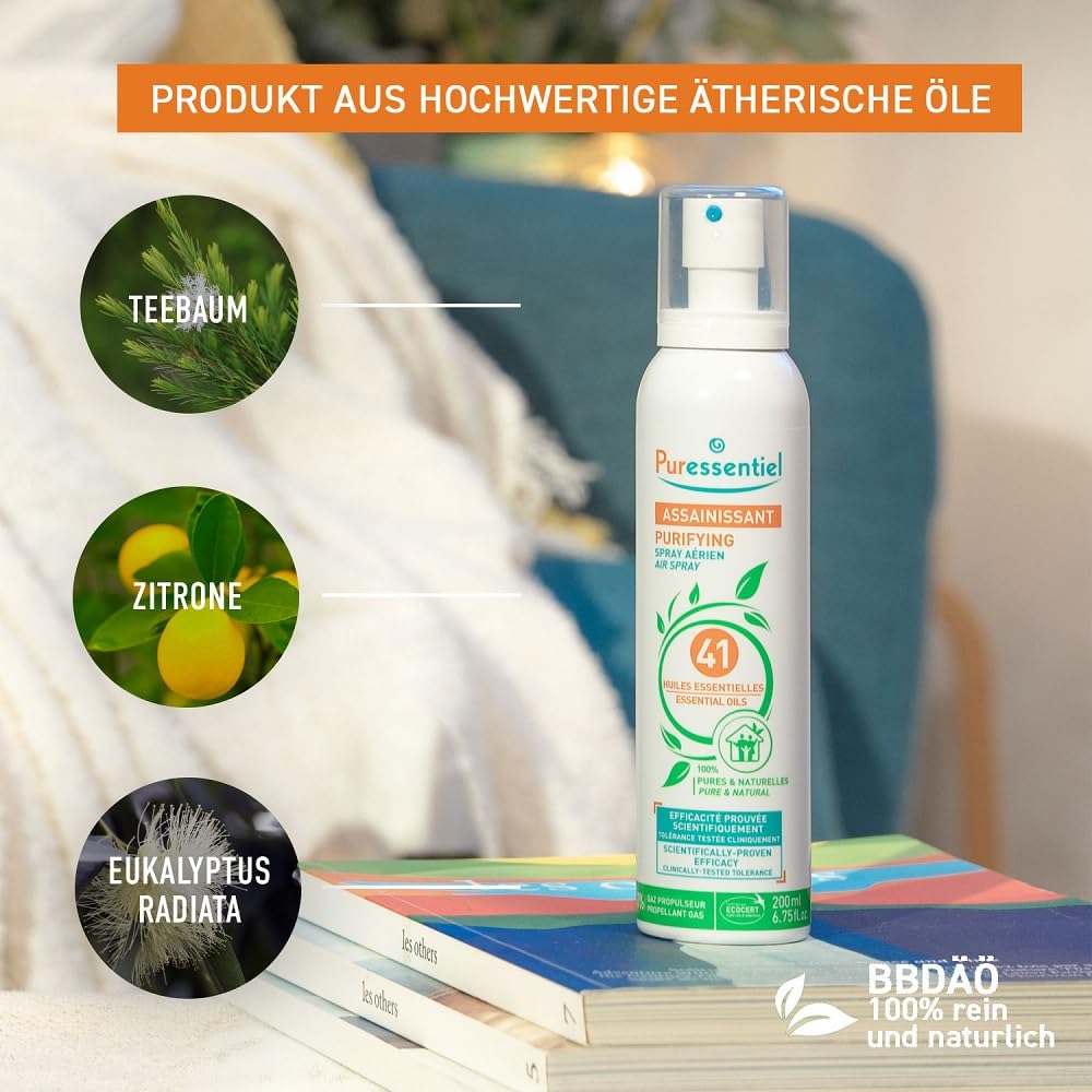Spray Puressentiel mis en avant avec ses ingrédients clés : arbre à thé, citron et eucalyptus. Produit 100% pur et naturel pour purifier l'air ambiant.
