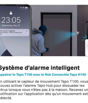 Tapo Détecteur de mouvement intelligent Tapo T100 avec Hub, capteur de mouvement intelligent, détection longue portée (120°, 7 m), lumière activée par le mouvement, alertes instantanées