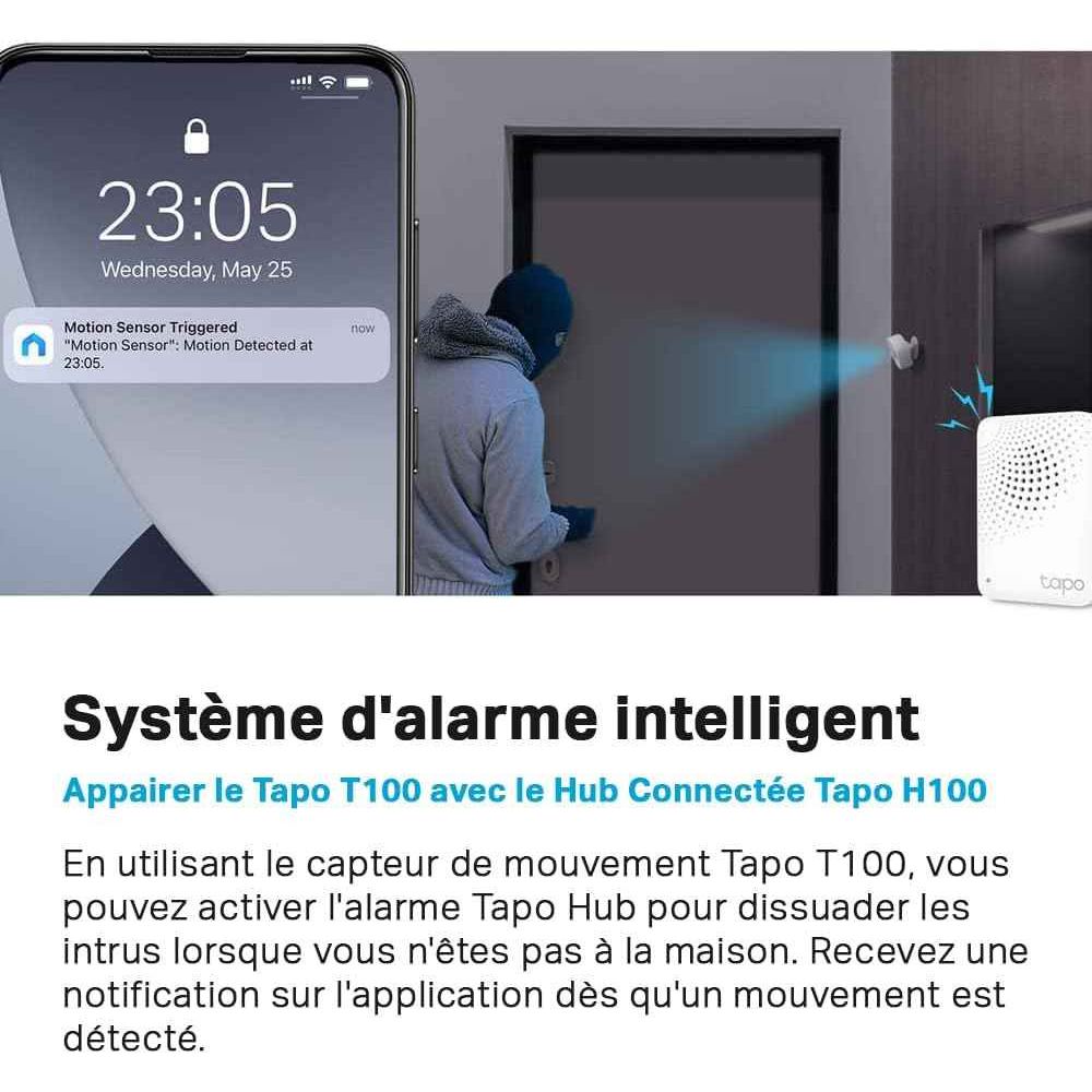 Tapo Détecteur de mouvement intelligent Tapo T100 avec Hub, capteur de mouvement intelligent, détection longue portée (120°, 7 m), lumière activée par le mouvement, alertes instantanées