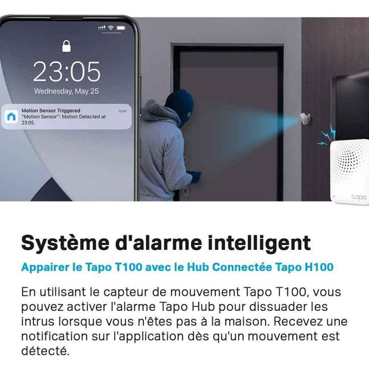 Détecteur de mouvement Tapo T100 avec alerte instantanée sur smartphone, angle de 120° et portée de 7m pour sécurité maison connectée.