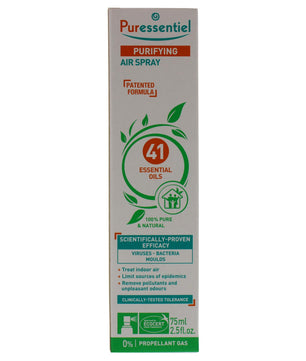 Boîte du spray assainissant Puressentiel 75 ml, formule brevetée aux 41 huiles essentielles, purifie l'air et élimine virus, bactéries et moisissures. Produit certifié Ecocert.