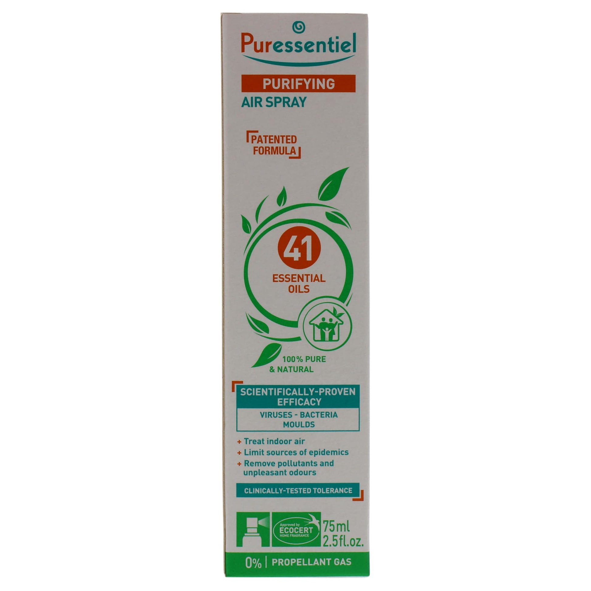 Boîte du spray assainissant Puressentiel 75 ml, formule brevetée aux 41 huiles essentielles, purifie l'air et élimine virus, bactéries et moisissures. Produit certifié Ecocert.