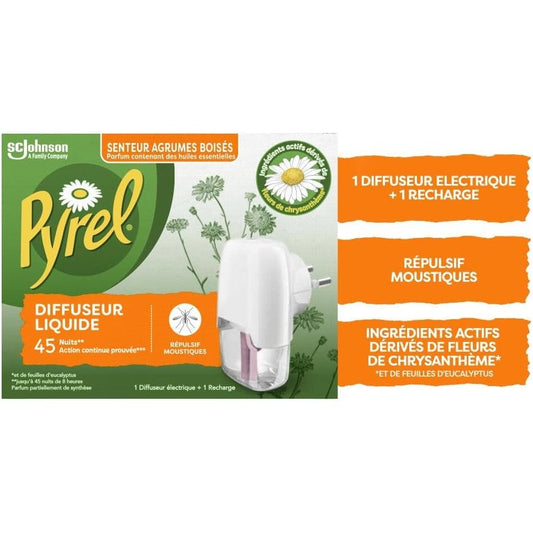 Pyrel Diffuseur Liquide Repulsif Moustiques Agrumes Boises 45 Nuits 32Ml