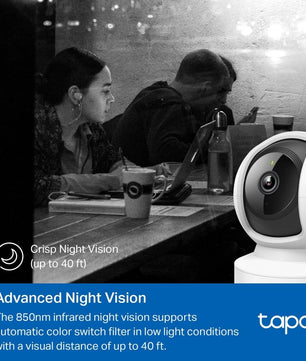 Caméra Tapo C200 offrant une vision nocturne nette jusqu’à 12 mètres grâce à l’infrarouge 850nm, idéale pour surveillance de nuit.