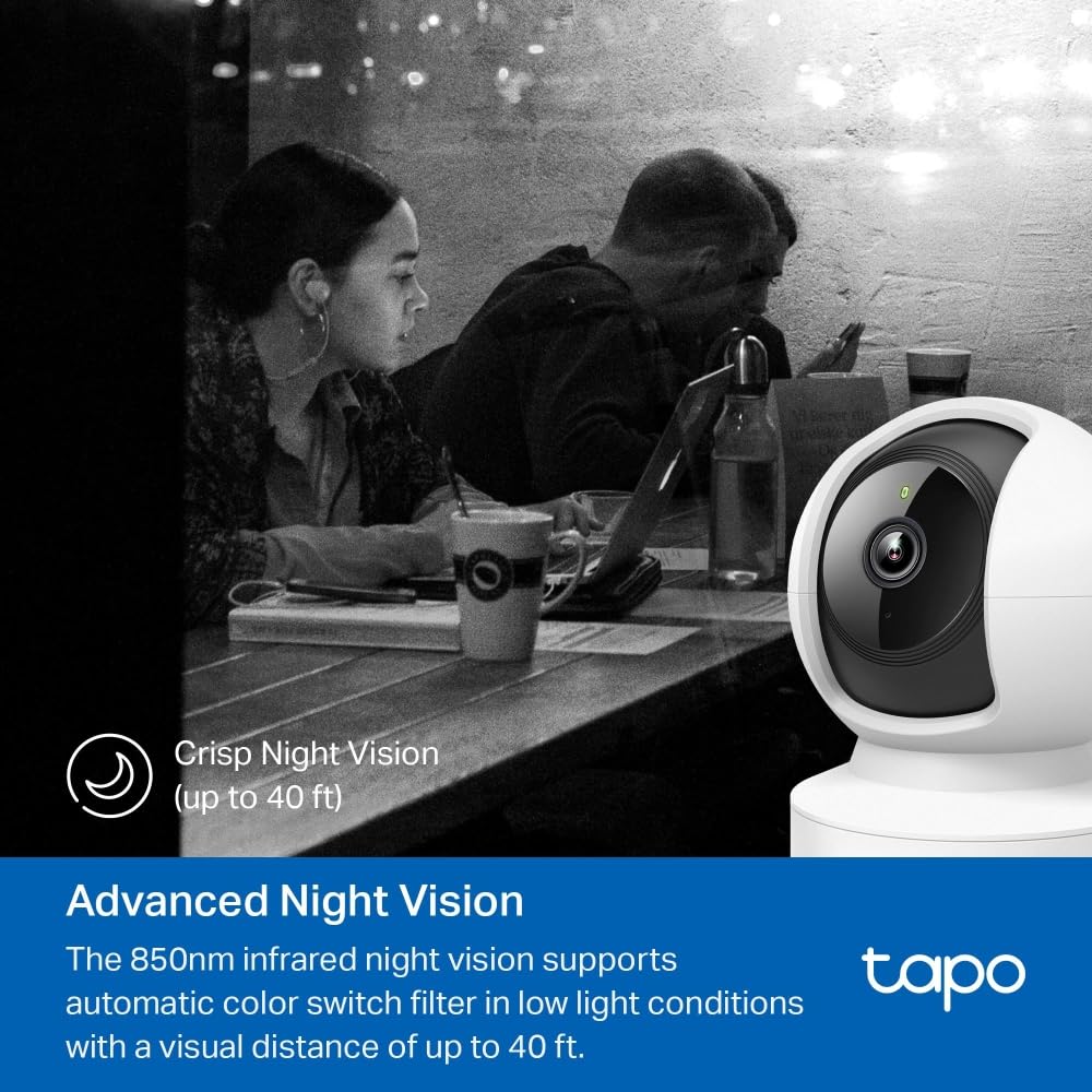 Caméra Tapo C200 offrant une vision nocturne nette jusqu’à 12 mètres grâce à l’infrarouge 850nm, idéale pour surveillance de nuit.