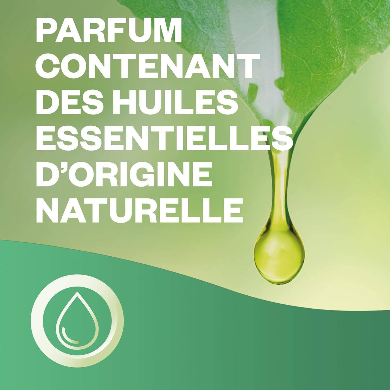 Illustration of essential oils with a leaf and text 'Parfum contenant des huiles essentielles d'origine naturelle'.