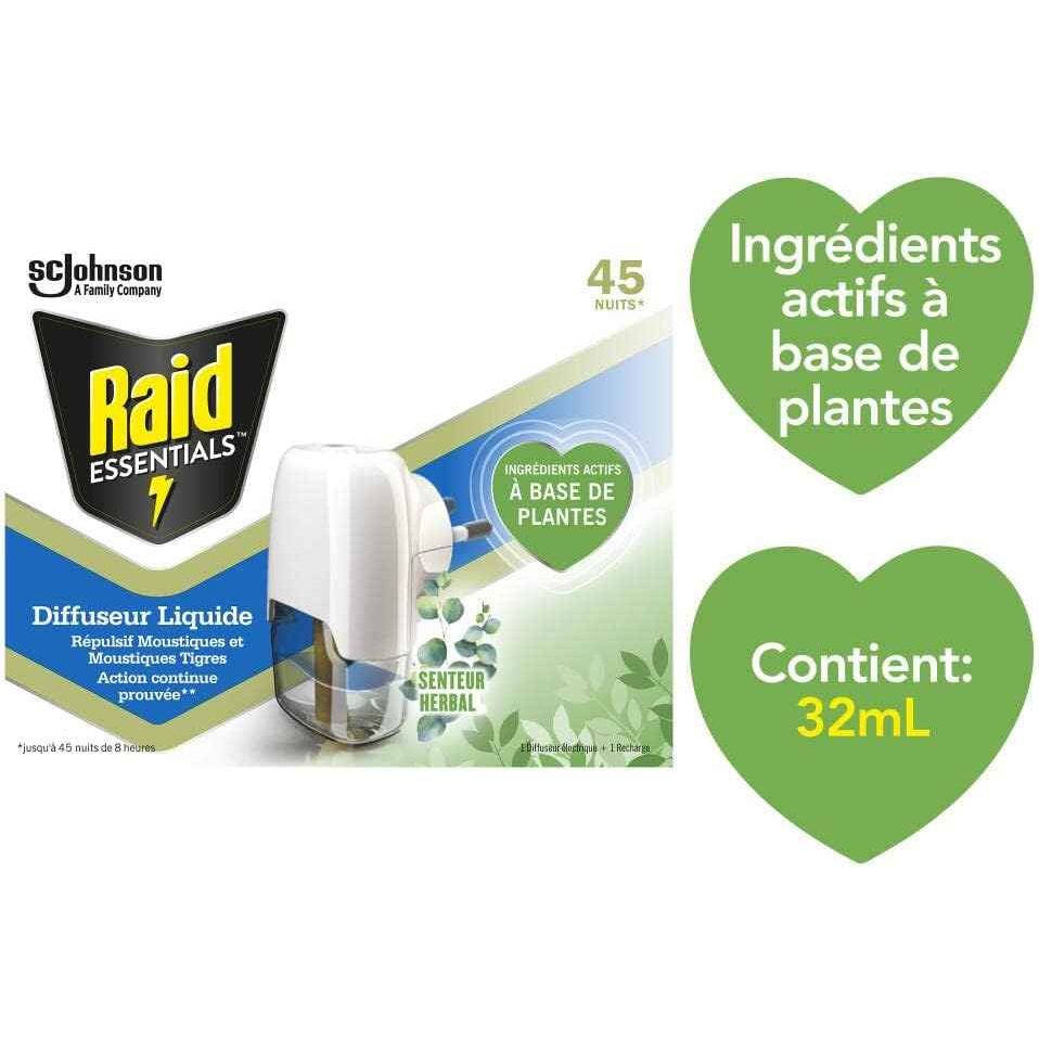 Diffuseur liquide Raid Essentials 32mL avec ingrédients actifs à base de plantes, protection moustiques 45 nuits, Cpourtoi.Net.