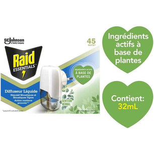 Diffuseur liquide Raid Essentials 32mL avec ingrédients actifs à base de plantes, protection moustiques 45 nuits, Cpourtoi.Net.