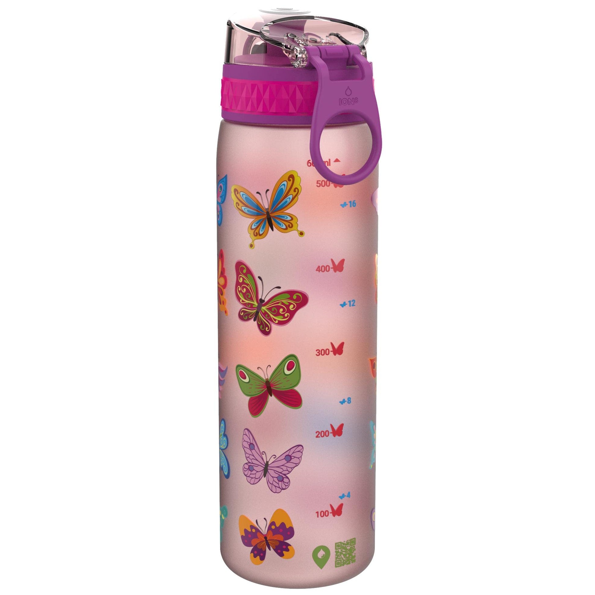 Ion8 Gourde, 500ml, Anti-Fuite, Facile à Ouvrir, Verrouillage Sécurisé, Lavable en Lave-vaisselle, Sans BPA, Poignée de Transport, S'adapte aux Porte-gobelets, Facile à Nettoyer, Motif Papillon - Cpourtoi.Net