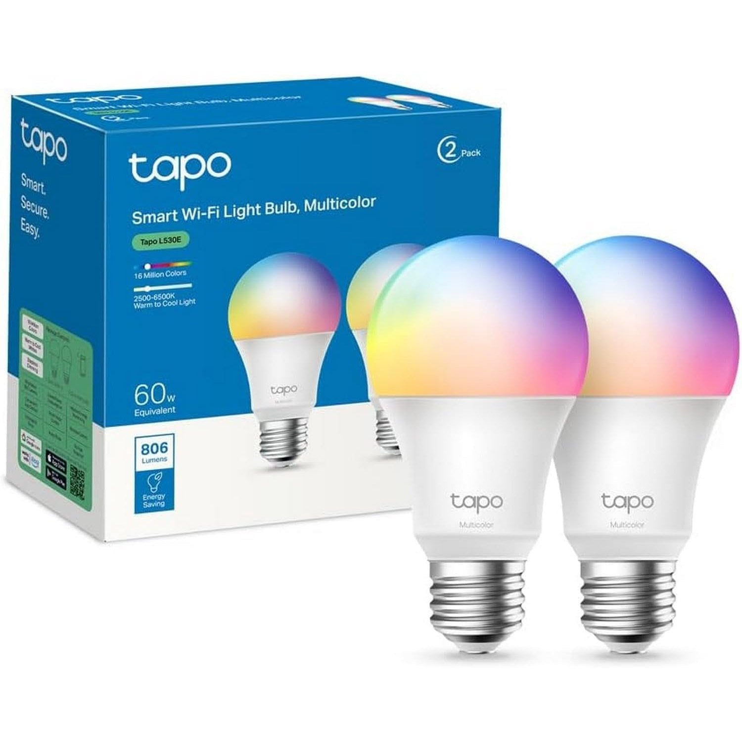 Tapo WiFi Connected Bulb, E27 LED Bulb, Multi-Colour, 2500K-6500K, Dimmable 8.7W 806Lm, Compatible with Alexa and Google Home, Voice Control, Energy Saving, Tapo L530E (2-Pack)
