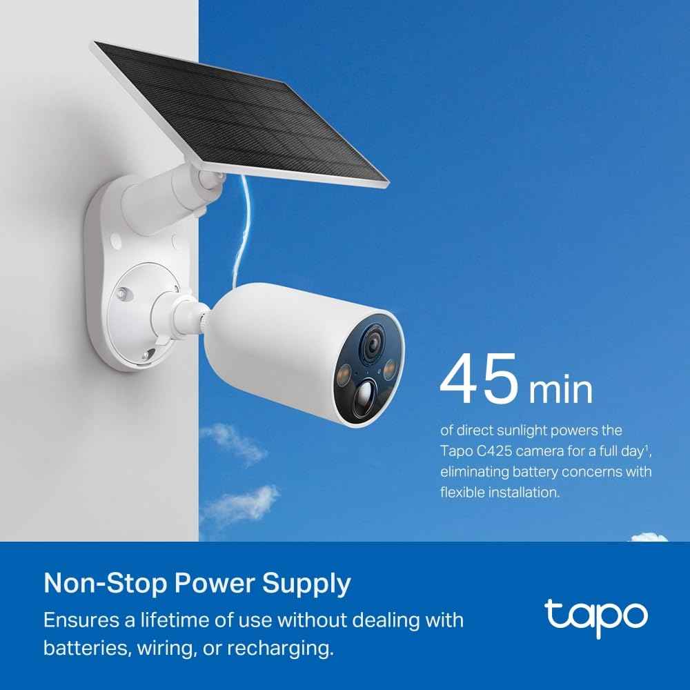 Tapo 2.5K 4MP Caméra Surveillance WiFi Extérieure sans Fil avec Panneau Solaire Batterie 10 000mAh, Autonomie de 300j, AI Détection, Vision Nocturne en Couleur, IP66 Etanche, Aucune hub requis