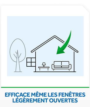 Illustration du Raid Diffuseur Électrique - Anti-Moustiques | Protection 45 Nuits, montrant son efficacité même avec fenêtres entrouvertes. Idéal pour la maison.