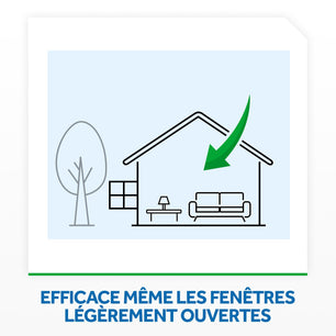Illustration du Raid Diffuseur Électrique - Anti-Moustiques | Protection 45 Nuits, montrant son efficacité même avec fenêtres entrouvertes. Idéal pour la maison.