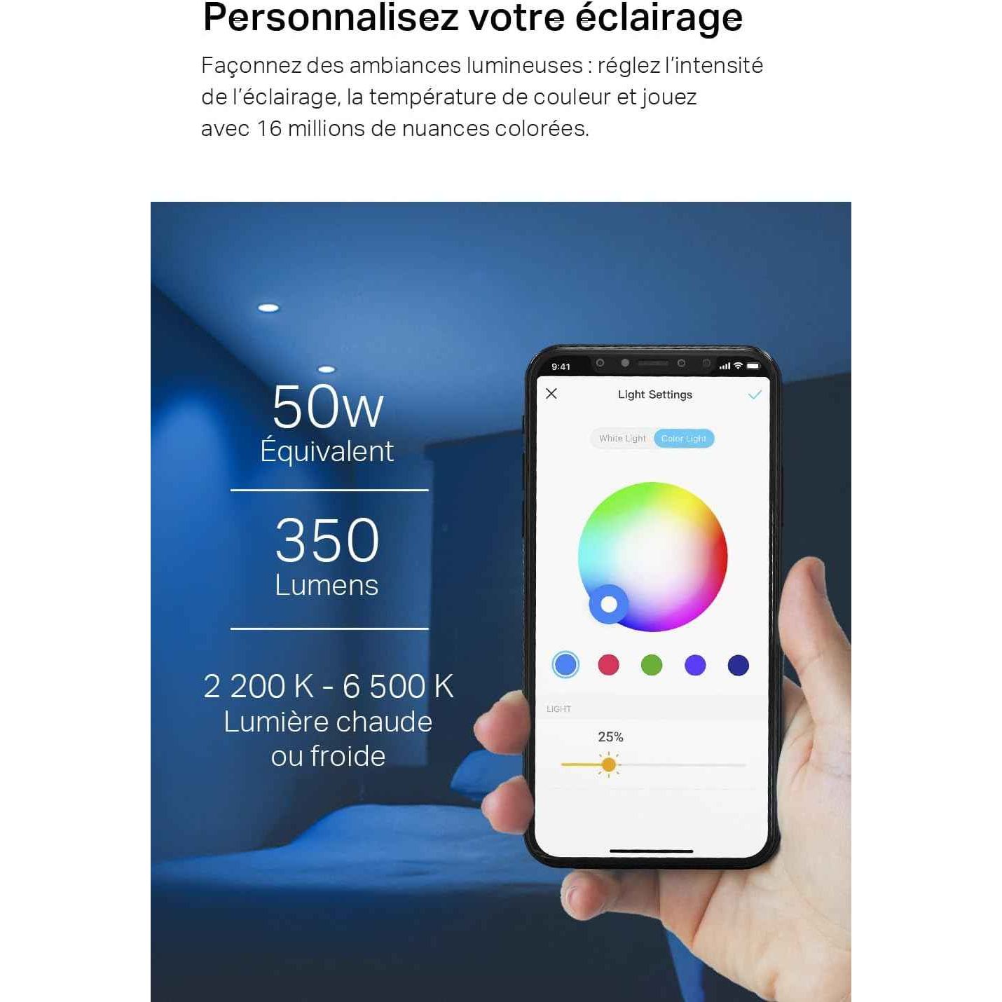 Tapo Ampoule Connectée WiFi, Ampoule LED GU10 Multicolore 2200K-6500K, Dimmable 350 Lumens, 3.7W équivalent à 50W, Compatible avec Alexa et Google Home, Economie d'énergie, Tapo L630(2-pack)