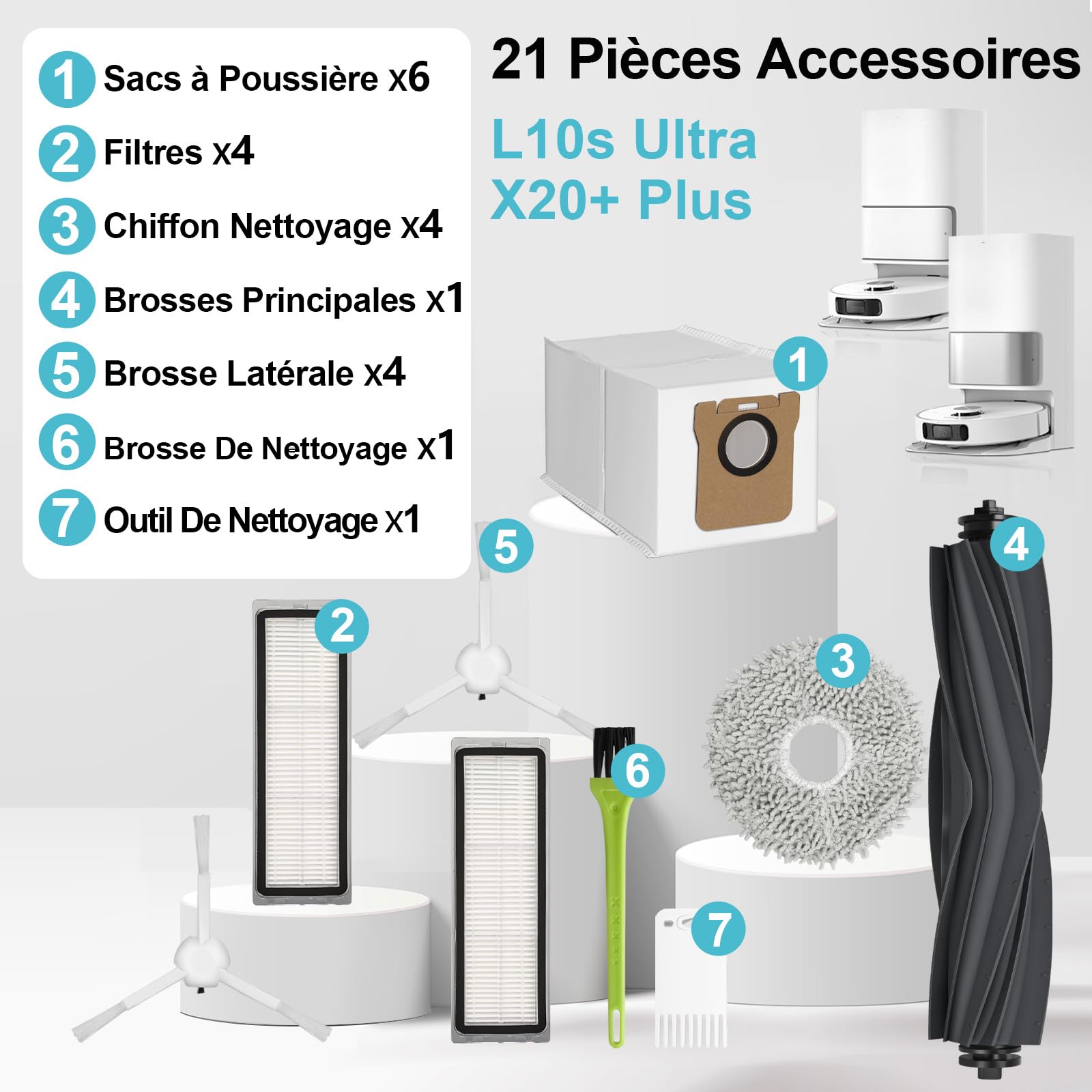 pièces de rechange Dreame L10 Prime / L10s Plus / L10s Pro Gen 2 / L10s Ultra/Xiaomi X20 Plus / X10+2 brosses principales 8 serpillères de nettoyage 4 filtres 8 brosses latéralesh - Cpourtoi.Net