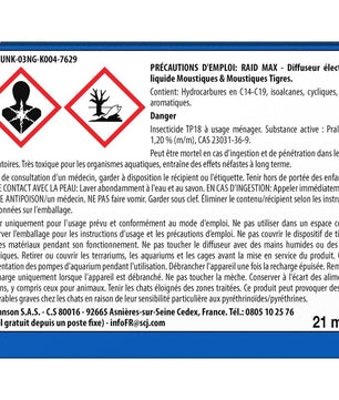 Étiquette de sécurité du Raid Max Diffuseur Électrique Moustiques Tigres avec précautions d'emploi et composition chimique détaillée.