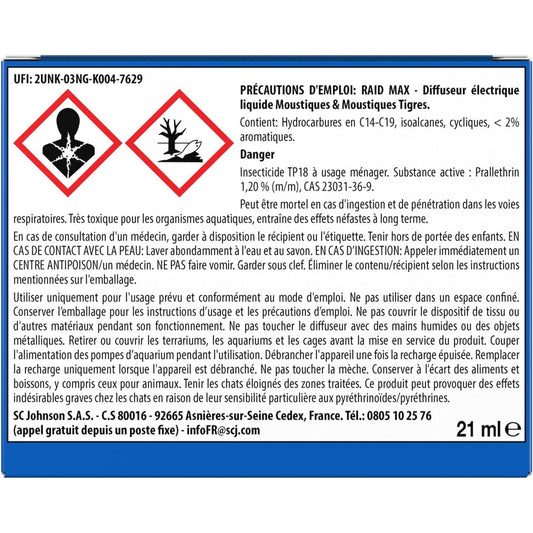 Étiquette de sécurité du Raid Max Diffuseur Électrique Moustiques Tigres avec précautions d'emploi et composition chimique détaillée.