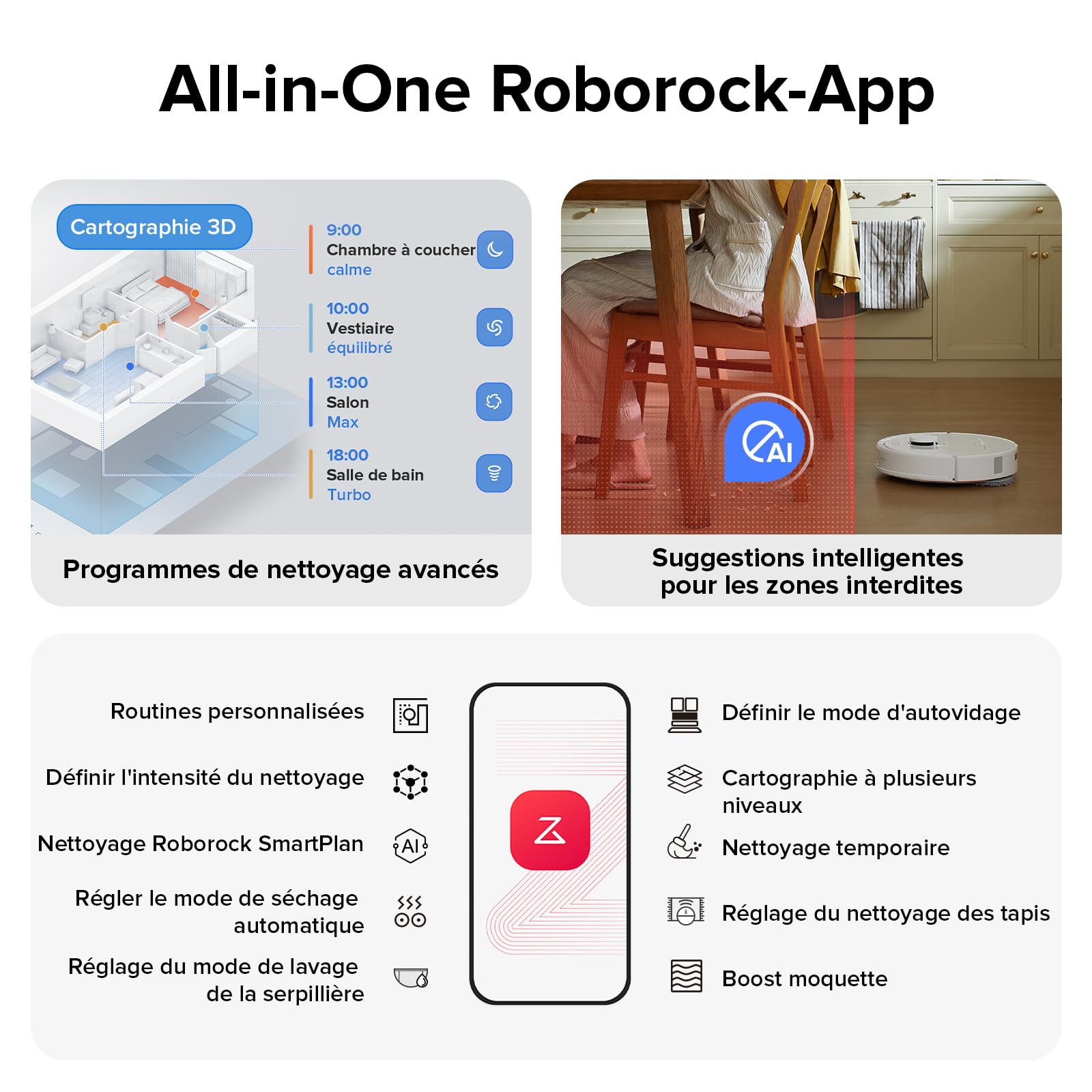 roborock QREVO S Aspirateur Robot Laveur, 7000Pa HyperForce, Double Serpillière Rotative 200 TR/Min