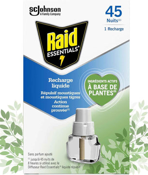 Raid Essentials Recharge Prise Anti-Moustiques Électrique Liquide - Répulsif Moustiques et Moustiques Tigres 45 Nuits - Senteur Herbal - 1 Recharge