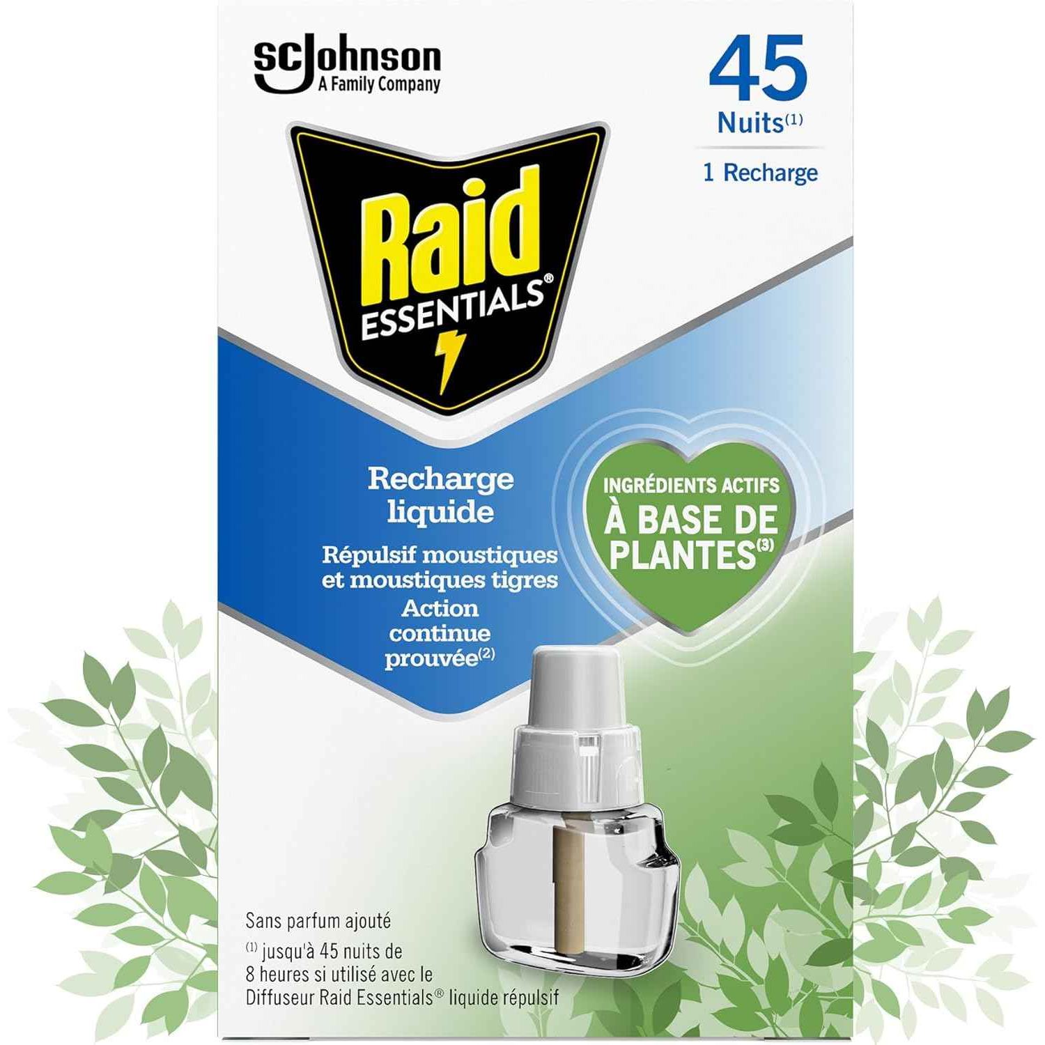 Raid Essentials Recharge Prise Anti-Moustiques Électrique Liquide - Répulsif Moustiques et Moustiques Tigres 45 Nuits - Senteur Herbal - 1 Recharge