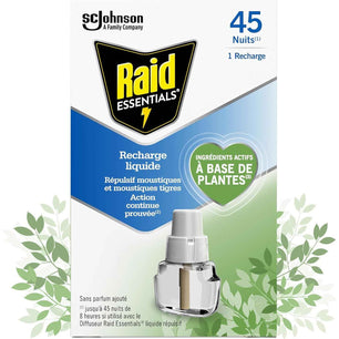 Raid Essentials Recharge Prise Anti-Moustiques Électrique Liquide - Répulsif Moustiques et Moustiques Tigres 45 Nuits - Senteur Herbal - 1 Recharge