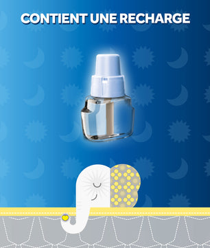 Recharge liquide Raid Family incluse, compatible avec le diffuseur électrique pour une protection anti-moustiques continue sans parfum.