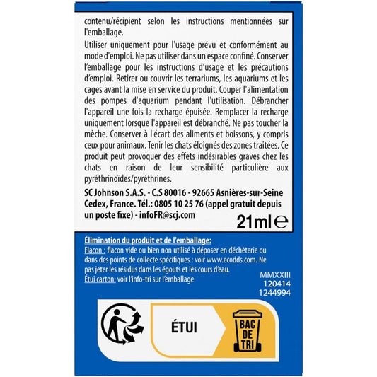 Dos de l'emballage Raid Max Recharge Anti Moustiques avec instructions d'utilisation, précautions et informations de recyclage.
