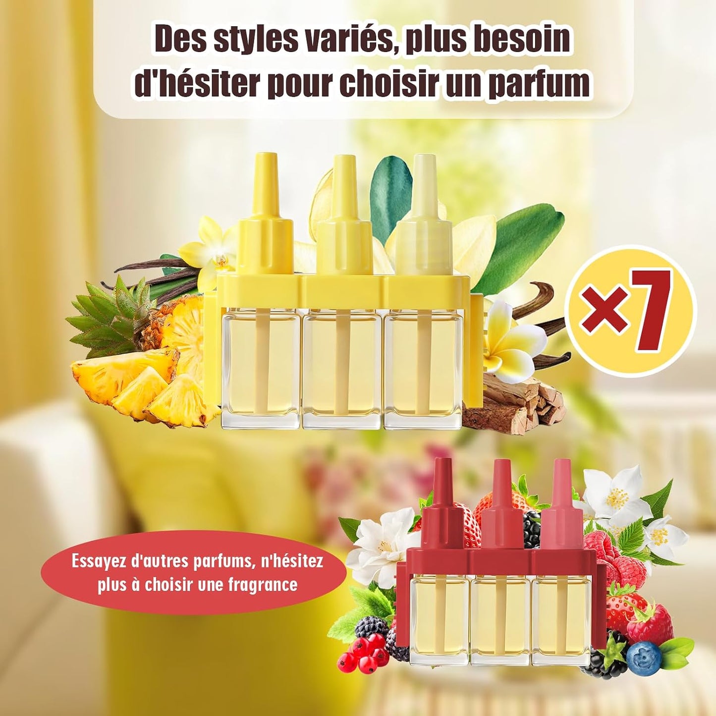 Recharges pour Diffuseur Électrique, Compatible avec Febreze 3Volution Recharges de Désodorisant, Parfum Hawaïi,Vanille, Santal, Framboise, Jasmin, Baies 8x20ml, 3 Parfums en Alternance