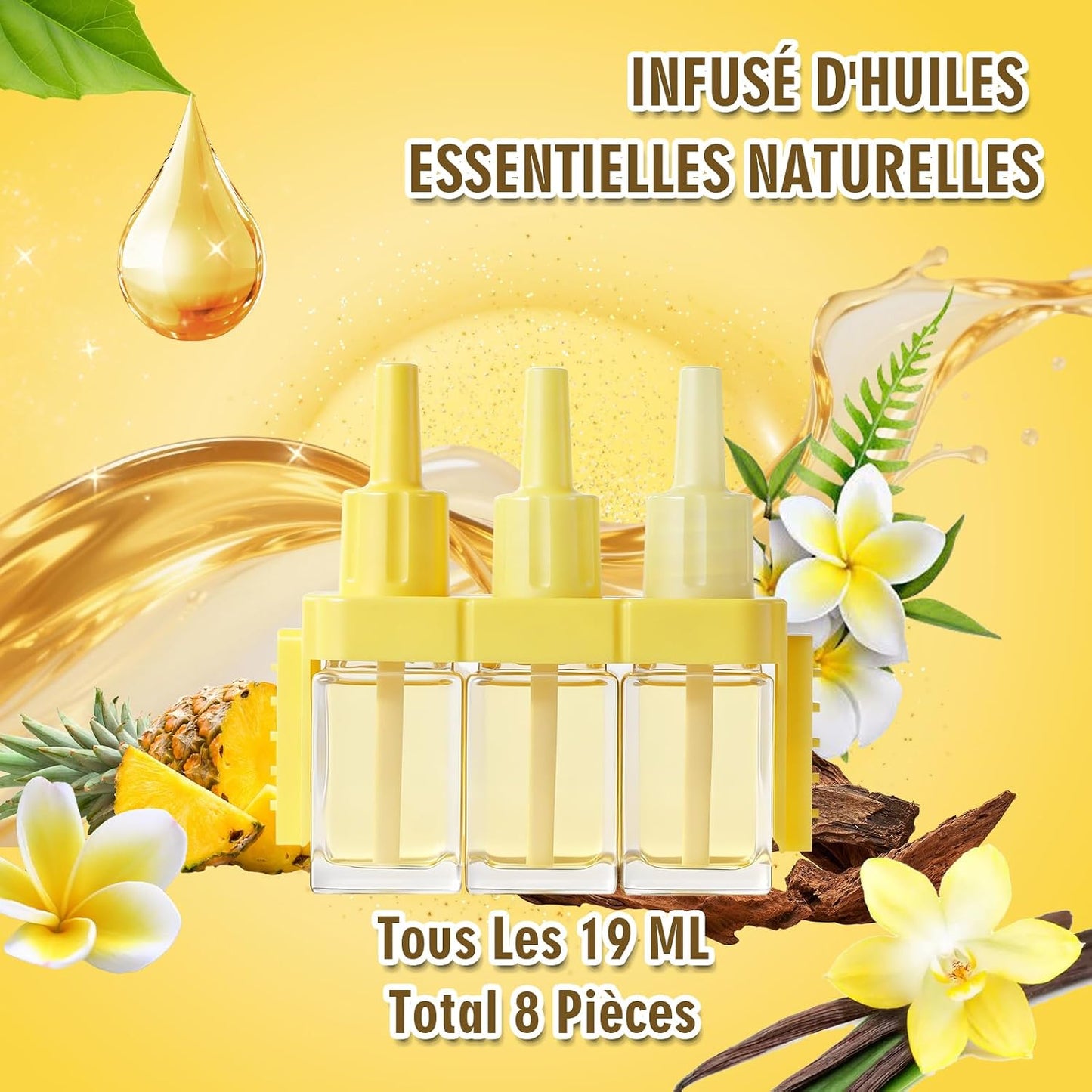 Recharges pour Diffuseur Électrique, Compatible avec Febreze 3Volution Recharges de Désodorisant, Parfum Hawaïi,Vanille, Santal, Framboise, Jasmin, Baies 8x20ml, 3 Parfums en Alternance