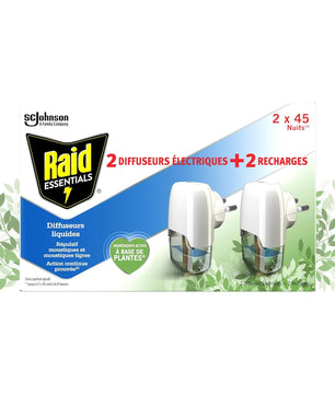 Raid Essentials Diffuseur Électrique Liquide - Répulsif Moustiques et Moustiques Tigres 45 Nuits - Sans Parfum Ajouté - 2 Diffuseurs et 2 Recharges