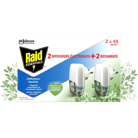 Raid Essentials Diffuseur Électrique Liquide - Répulsif Moustiques et Moustiques Tigres 45 Nuits - Sans Parfum Ajouté - 2 Diffuseurs et 2 Recharges