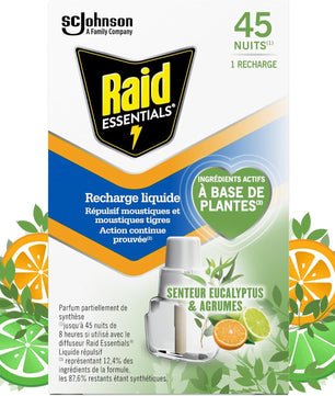 Raid Essentials Recharge Diffuseur Électrique Liquide- Répulsif Moustiques et Moustiques Tigres 45 Nuits - Senteur Eucalyptus et Agrumes - 1 Recharge - Cpourtoi.Net