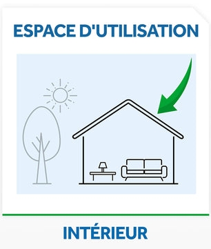 Illustration d'une maison avec flèche verte indiquant l'utilisation intérieure de la Recharge Électrique Anti-Moustiques - 45 Nuits. Idéal pour repousser les moustiques à l'intérieur.