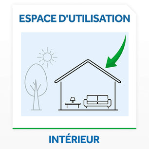 Illustration d'une maison avec flèche verte indiquant l'utilisation intérieure de la Recharge Électrique Anti-Moustiques - 45 Nuits. Idéal pour repousser les moustiques à l'intérieur.