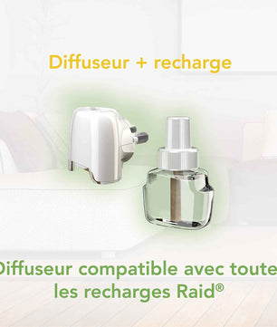 Diffuseur électrique et recharge compatibles avec toutes les recharges Raid, solution anti-moustiques pour la maison, Cpourtoi.Net.