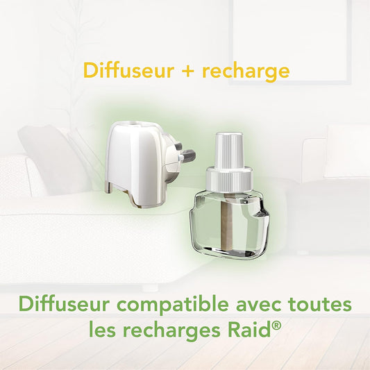 Raid Essentials Diffuseur Électrique Liquide - Répulsif Moustiques et Moustiques Tigres 45 Nuits - Sans Parfum Ajouté - 2 Diffuseurs et 2 Recharges