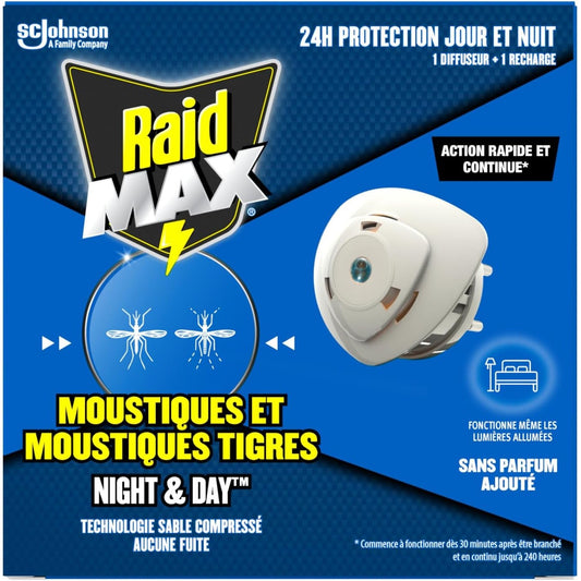Raid Max Diffuseur Electrique Liquide Night & Day - Anti-Moustiques et Moustiques Tigres - Protection Longue Durée Jour & Nuit - Sans Parfum - 1 Diffuseur + 1 Recharge