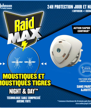 Raid Max Diffuseur Electrique Liquide Night & Day - Anti-Moustiques et Moustiques Tigres - Protection Longue Durée Jour & Nuit - Sans Parfum - 1 Diffuseur + 1 Recharge