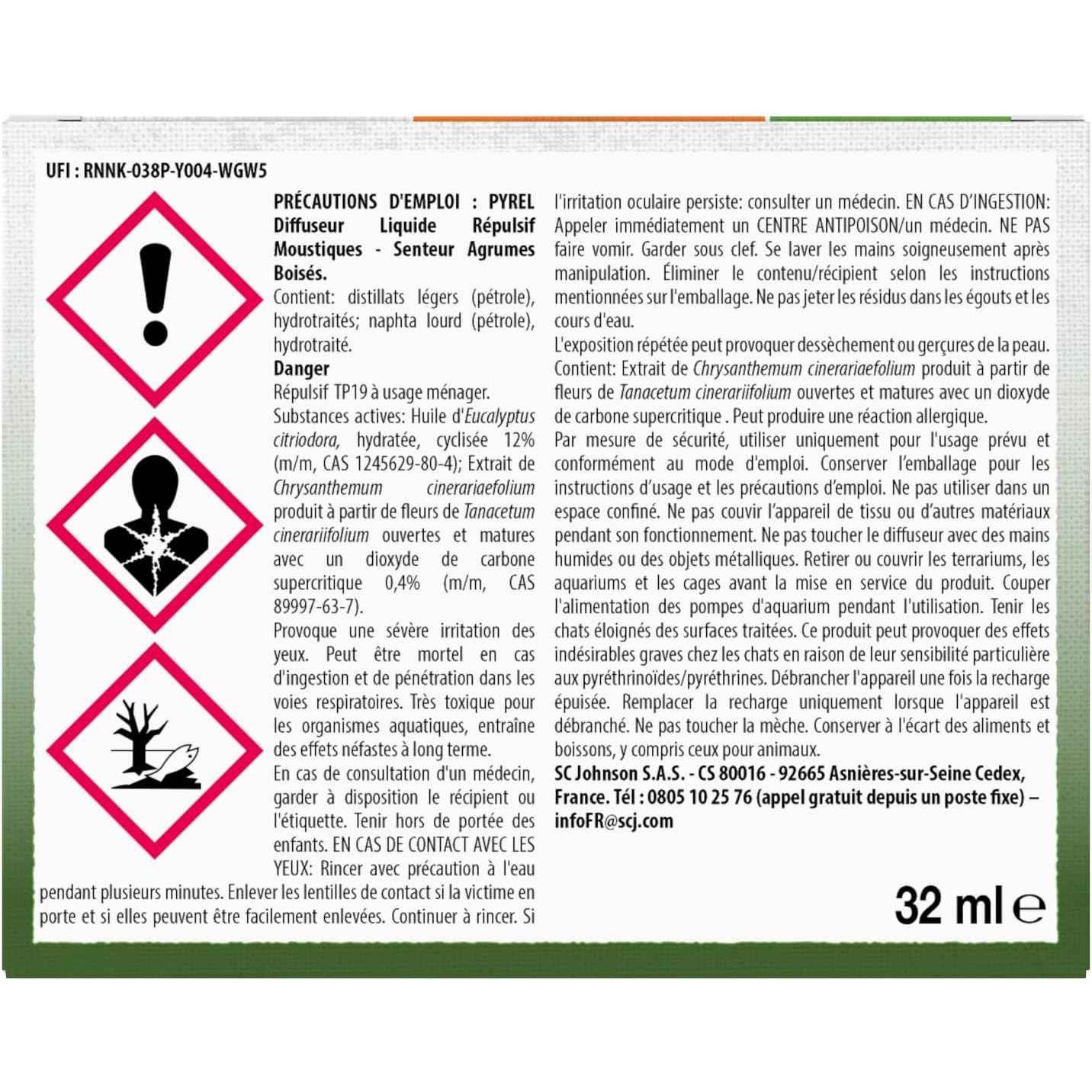 Pyrel Diffuseur Liquide Repulsif Moustiques Agrumes Boises 45 Nuits 32Ml