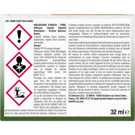 Pyrel Diffuseur Liquide Repulsif Moustiques Agrumes Boises 45 Nuits 32Ml