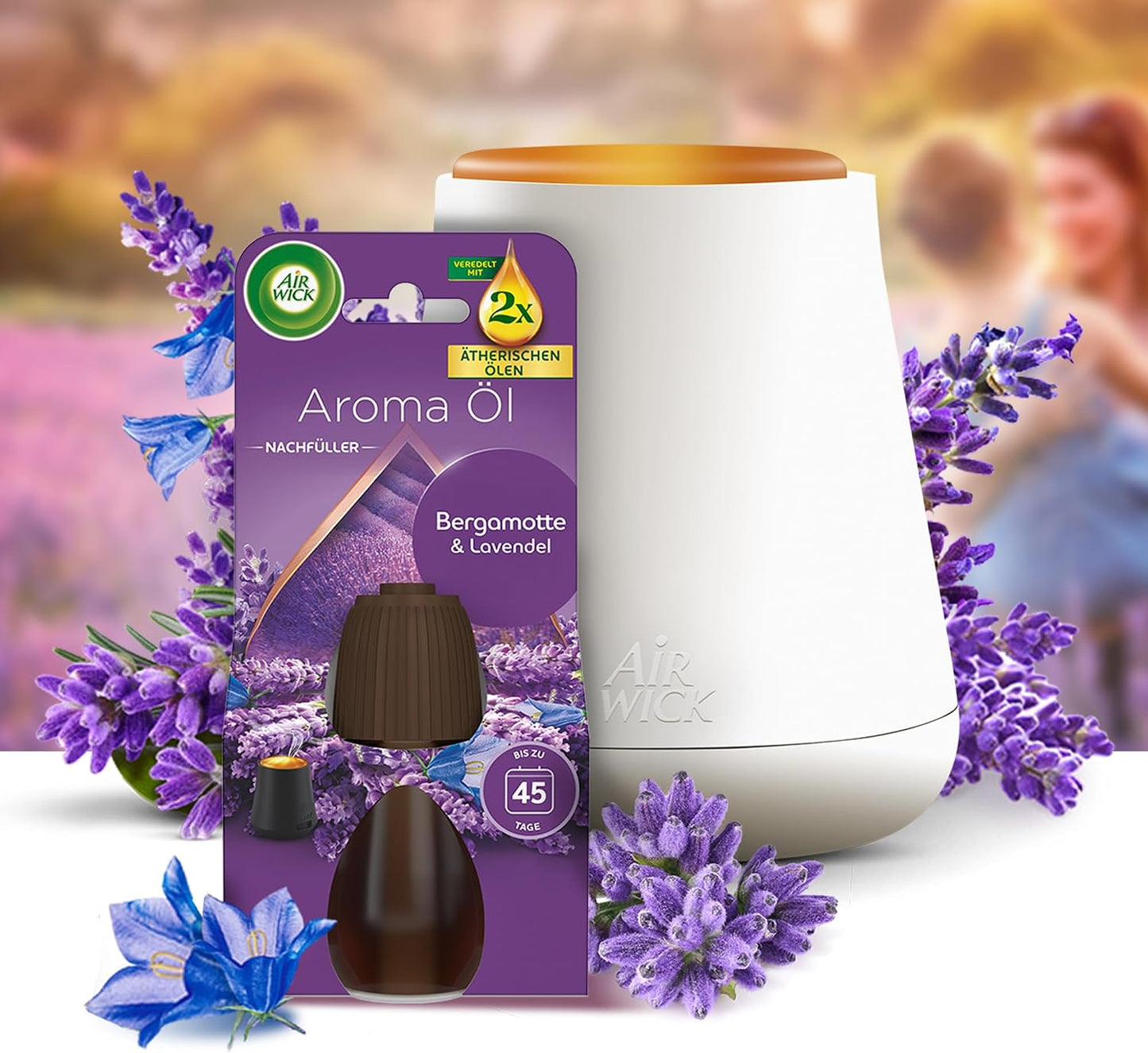 Air Wick Diffuseur d’huiles Essentielles Brume Parfumée+ 2 Recharges 20 ml Parfum Lavande et Eucalyptus